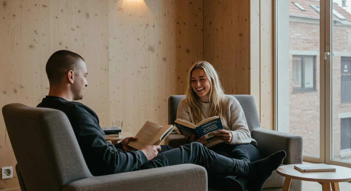 Casal sentado em poltronas confortáveis, lendo livros em um ambiente iluminado e aconchegante.