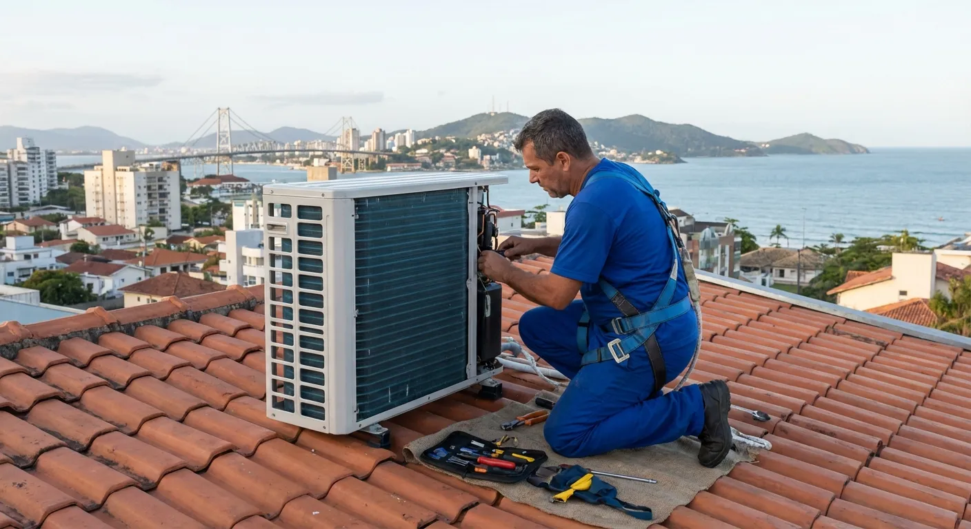 Técnico em roupa azul instalando ar-condicionado em telhado com vista para a cidade e o mar ao fundo.