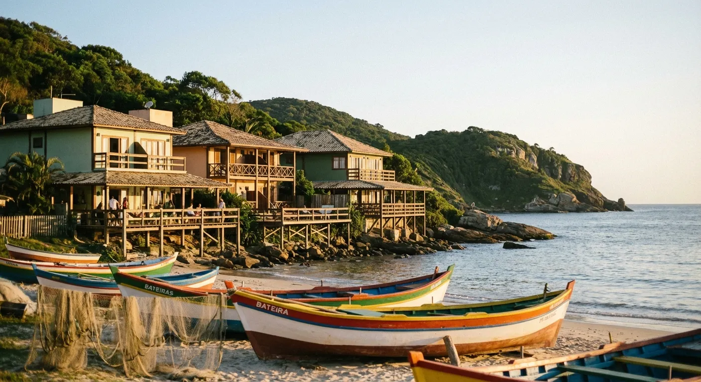 Pousadas à beira-mar com barcos coloridos na Praia da Armação, Florianópolis, ao entardecer.