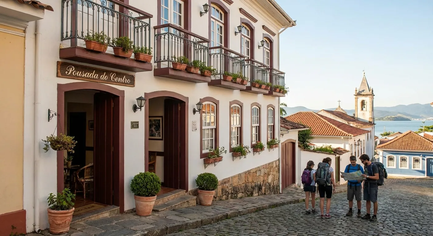 Pousada com varanda e flores, turistas observando mapa em rua de paralelepípedo em Florianópolis.