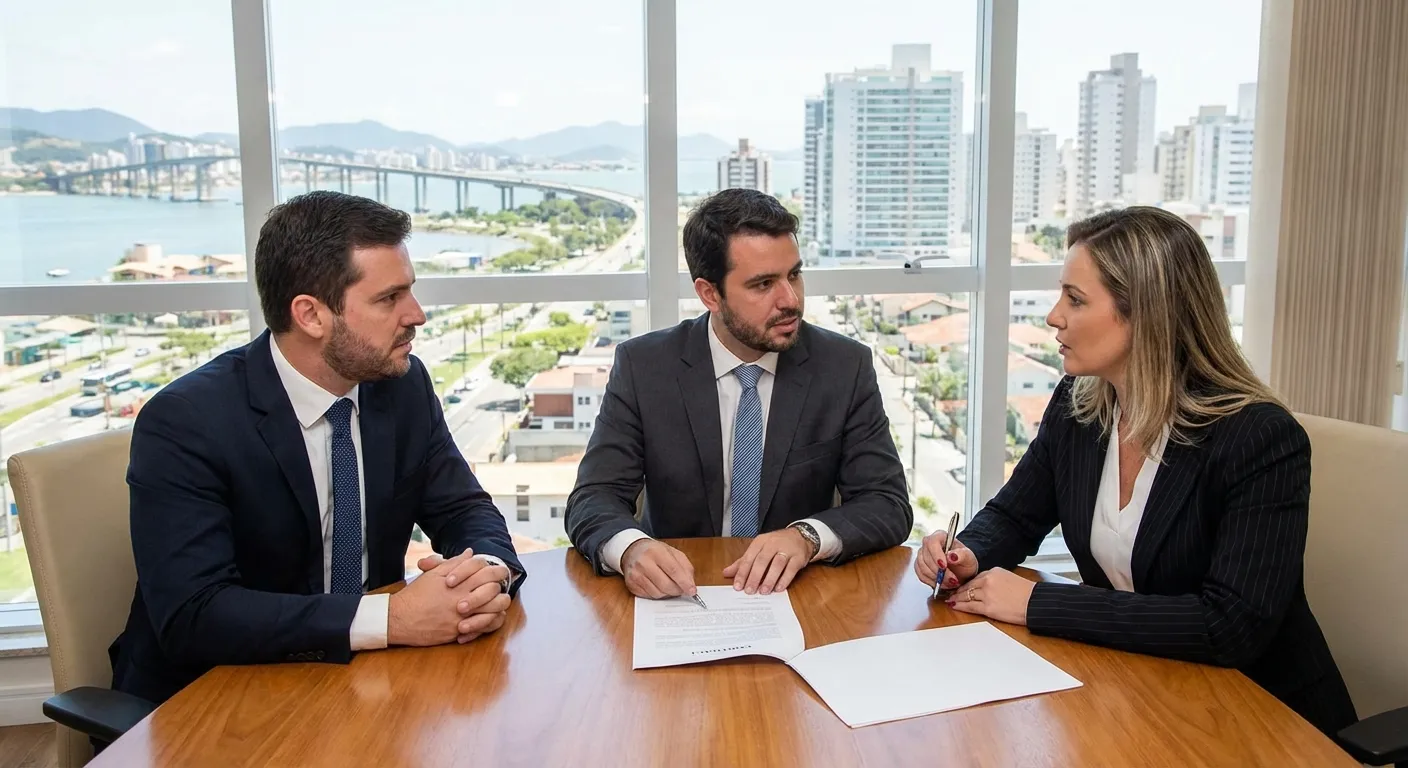Três advogados em reunião, analisando documentos em mesa com vista para a cidade e o mar ao fundo.