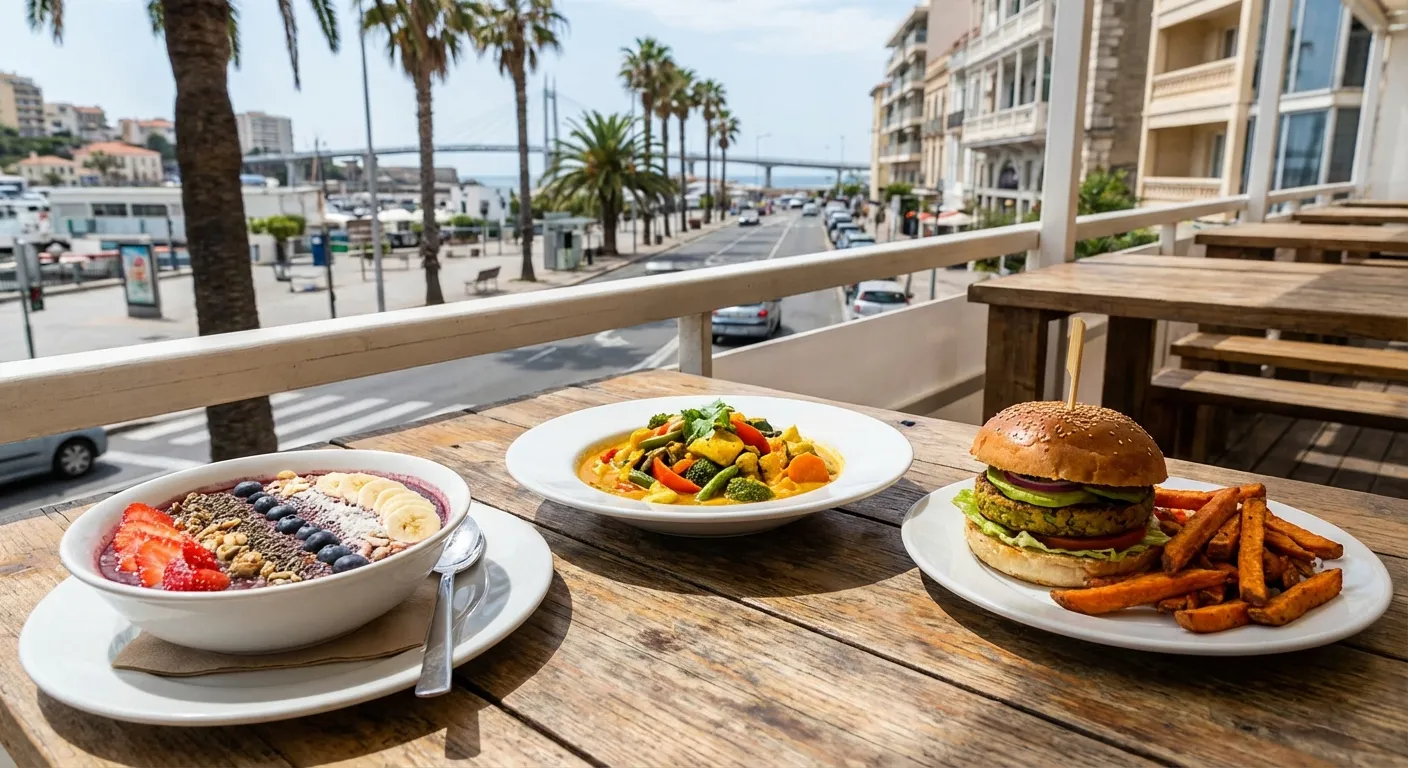 Prato com açaí, salada colorida e hambúrguer vegano com batatas fritas em mesa de madeira com vista para a rua.