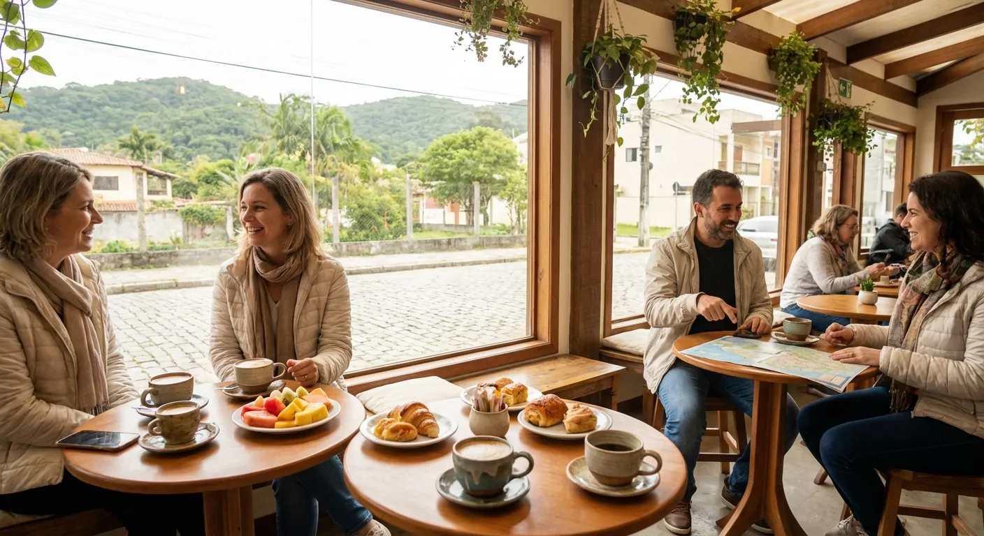 Grupo de amigos em cafeteria, desfrutando de café, frutas e croissants, com vista para montanhas.