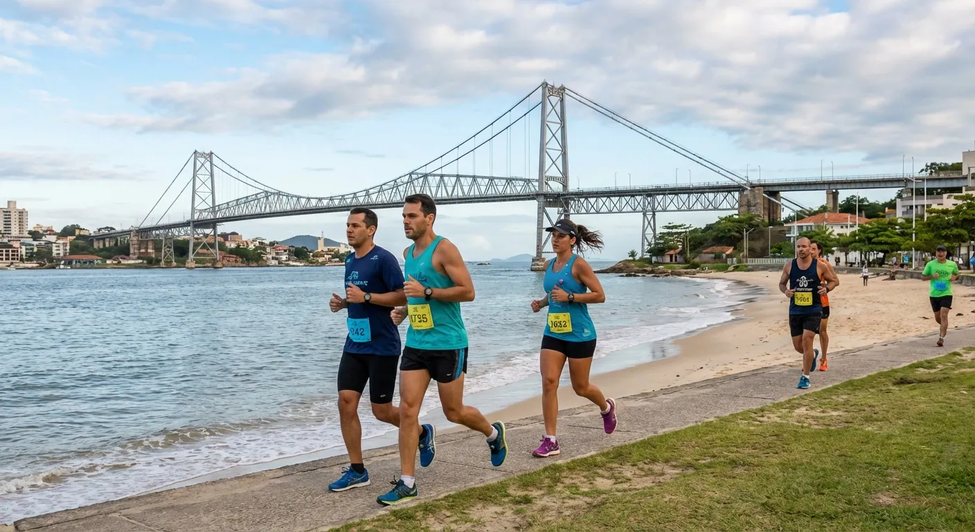 Corredores em atividade na orla de Florianópolis, com a ponte Hercílio Luz ao fundo e céu parcialmente nublado.
