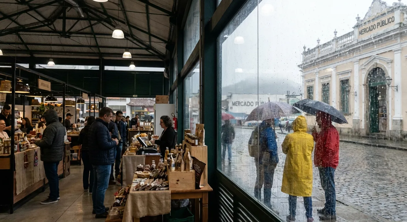 Pessoas com guarda-chuvas em mercado coberto, chuva do lado de fora e produtos expostos nas bancas.