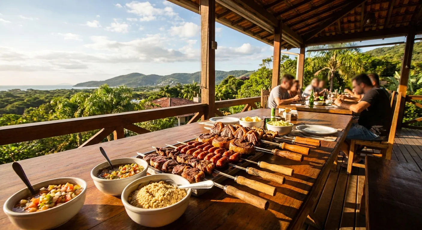 Mesa de madeira com churrasco variado, acompanhamentos e vista para montanhas e vegetação.
