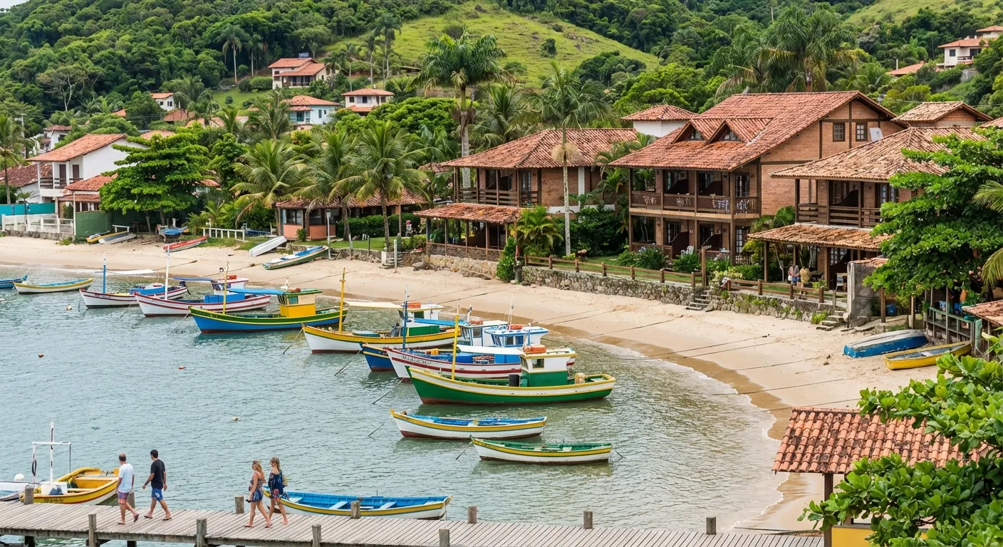Praia da Barra da Lagoa com barcos coloridos, casas ao fundo e pessoas caminhando na areia.