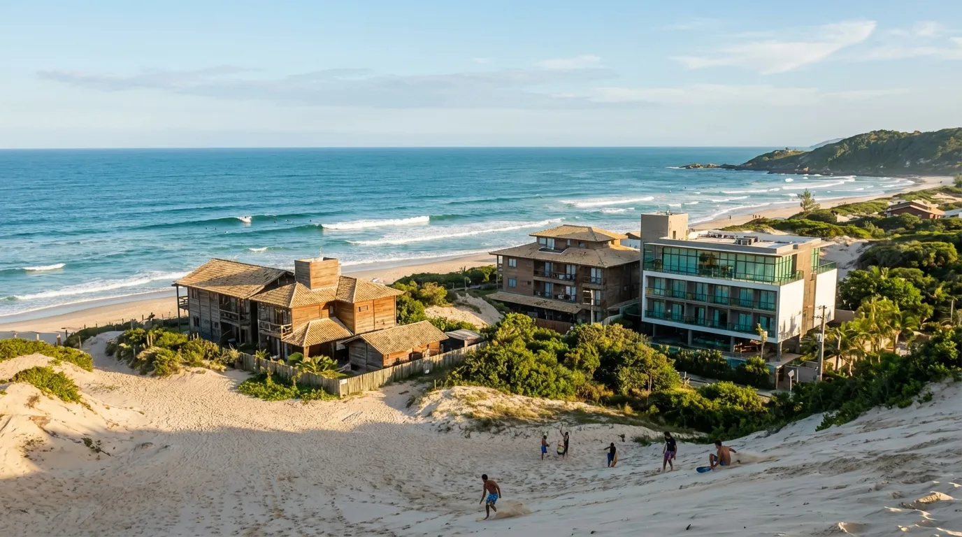 Vista da Praia da Joaquina com casas à beira-mar e pessoas caminhando na areia.