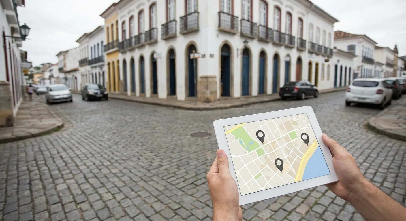 Pessoa segurando um tablet com mapa, em rua de paralelepípedo e casas coloridas ao fundo.