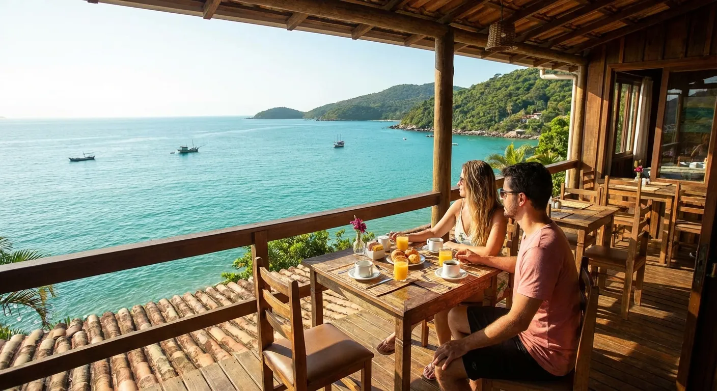 Casal desfrutando café da manhã em varanda com vista para o mar e barcos ao fundo.