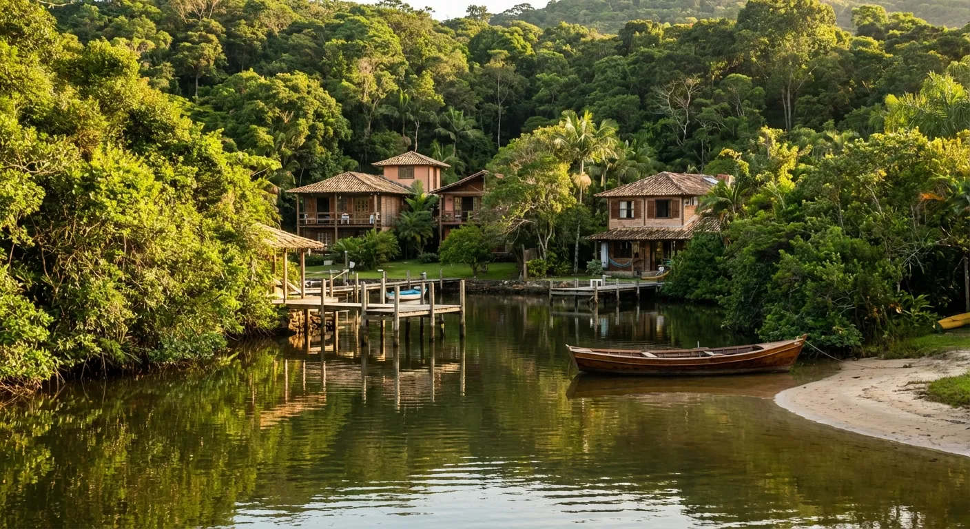 Casas de madeira à beira de lagoa, cercadas por vegetação densa e um barco ancorado na água tranquila.
