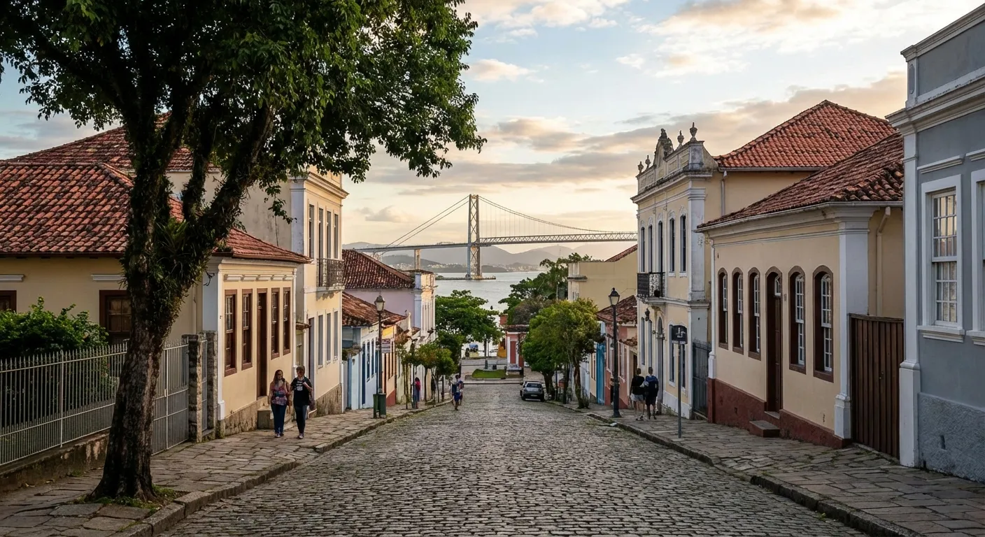 Rua de paralelepípedos com casas coloridas, árvores e a ponte ao fundo sob um céu com nuvens.