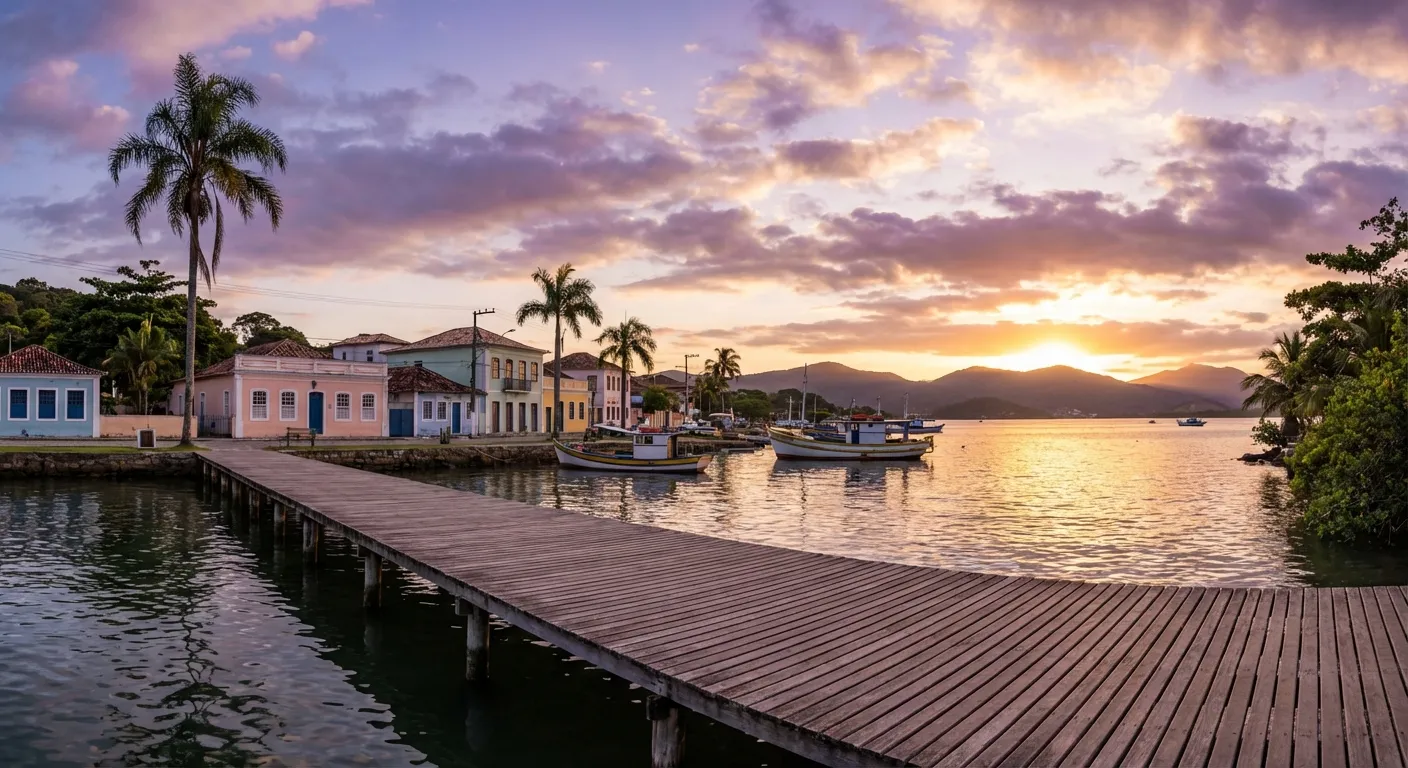 Pôr do sol sobre o Ribeirão da Ilha, com casas coloridas e barcos ancorados ao longo do cais de madeira.