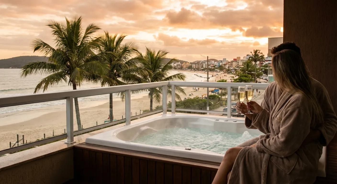 Casal em roupão brindando com champanhe ao pôr do sol, vista para a praia e palmeiras ao fundo.