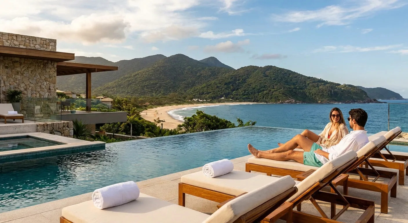 Casal relaxando à beira da piscina com vista para o mar e montanhas em Florianópolis.
