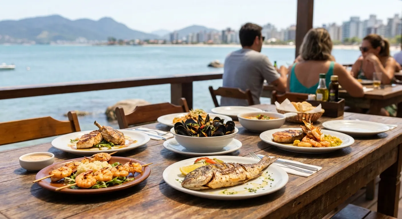 Mesa com pratos de frutos do mar, vista para o mar e pessoas conversando ao fundo.