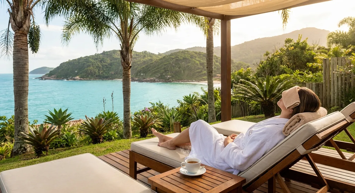 Mulher relaxando em espreguiçadeira com vista para o mar e montanhas, cercada por palmeiras.