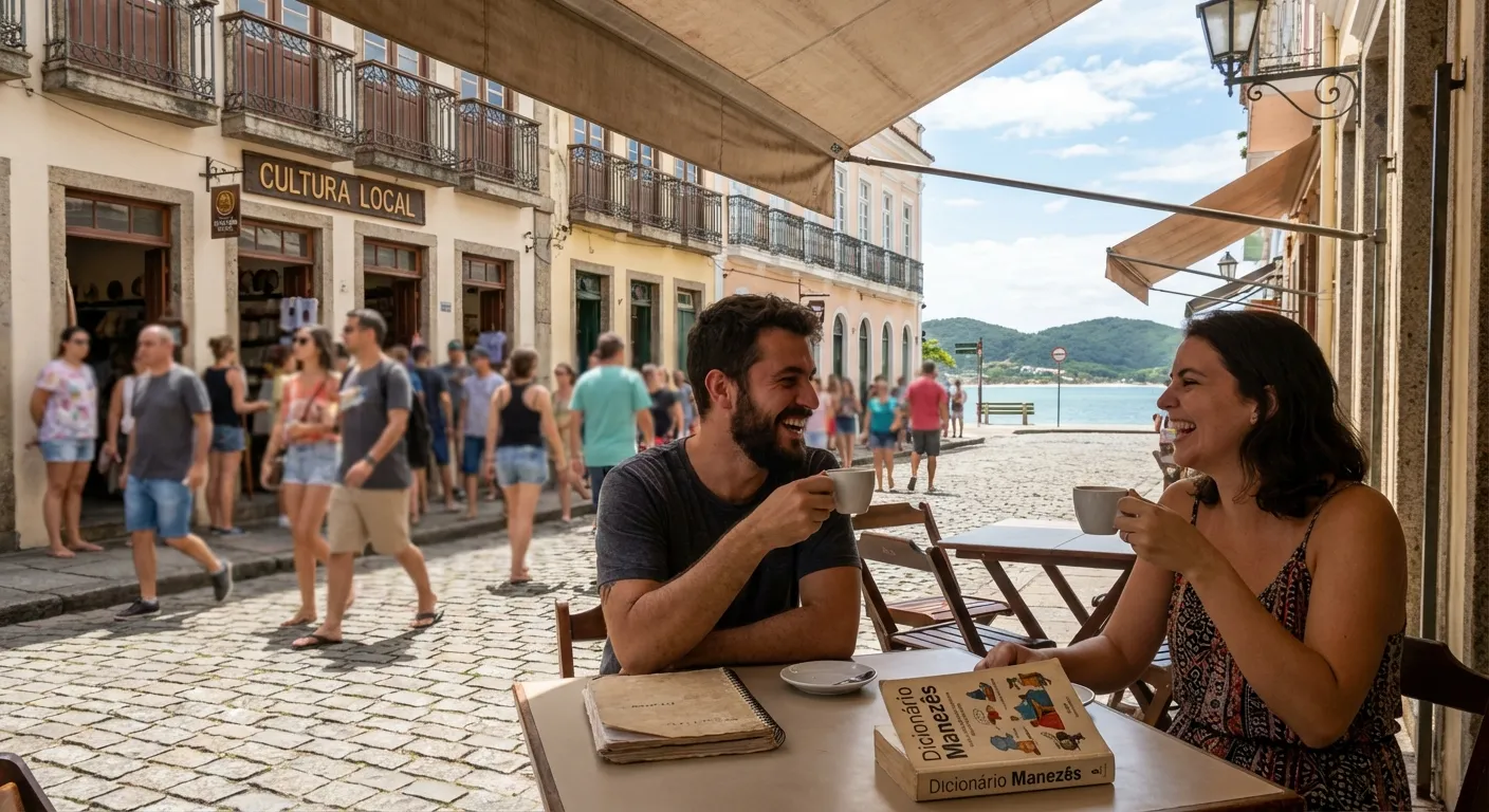 Casal sorridente tomando café em mesa de madeira, com lojas e pessoas ao fundo em rua de Florianópolis.