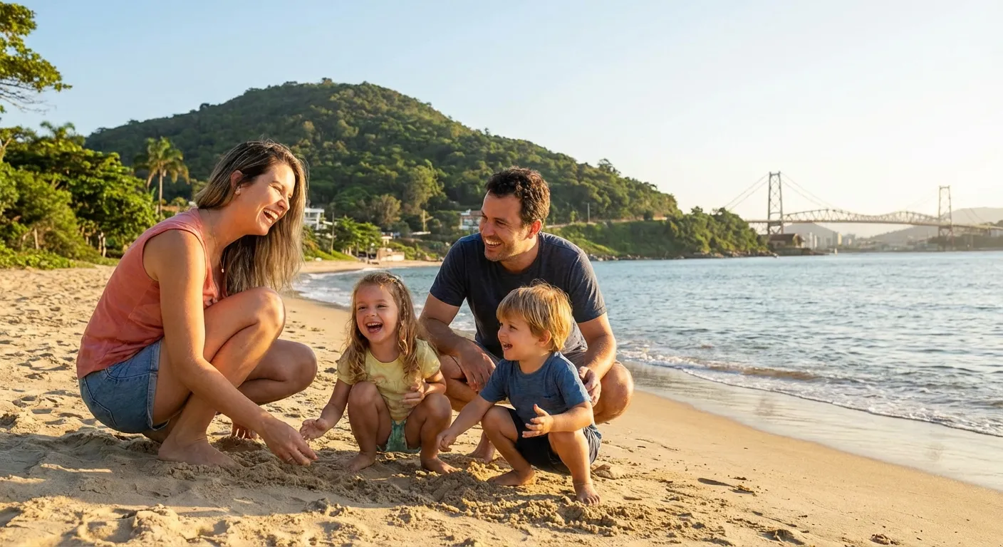 Família brincando na areia da praia, com crianças sorrindo e pais interagindo, ao fundo uma paisagem de montanha.