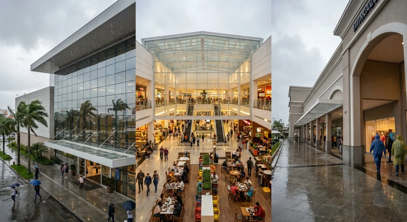 Três ângulos de shoppings em Florianópolis, com arquitetura moderna, pessoas e clima chuvoso.