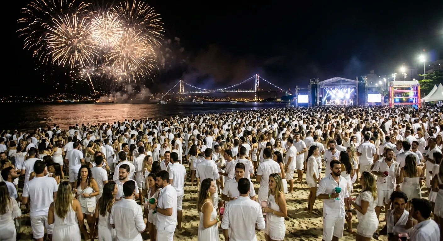 Multidão vestida de branco na praia, com fogos de artifício e palco ao fundo durante a virada do ano.