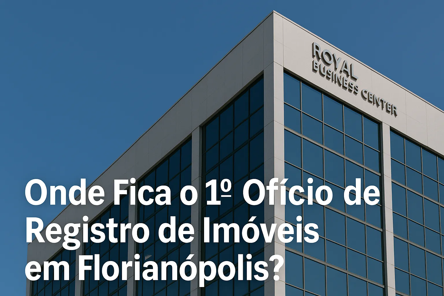 Prédio moderno com janelas espelhadas e céu azul ao fundo, texto em destaque sobre o 1º Ofício de Registro de Imóveis.