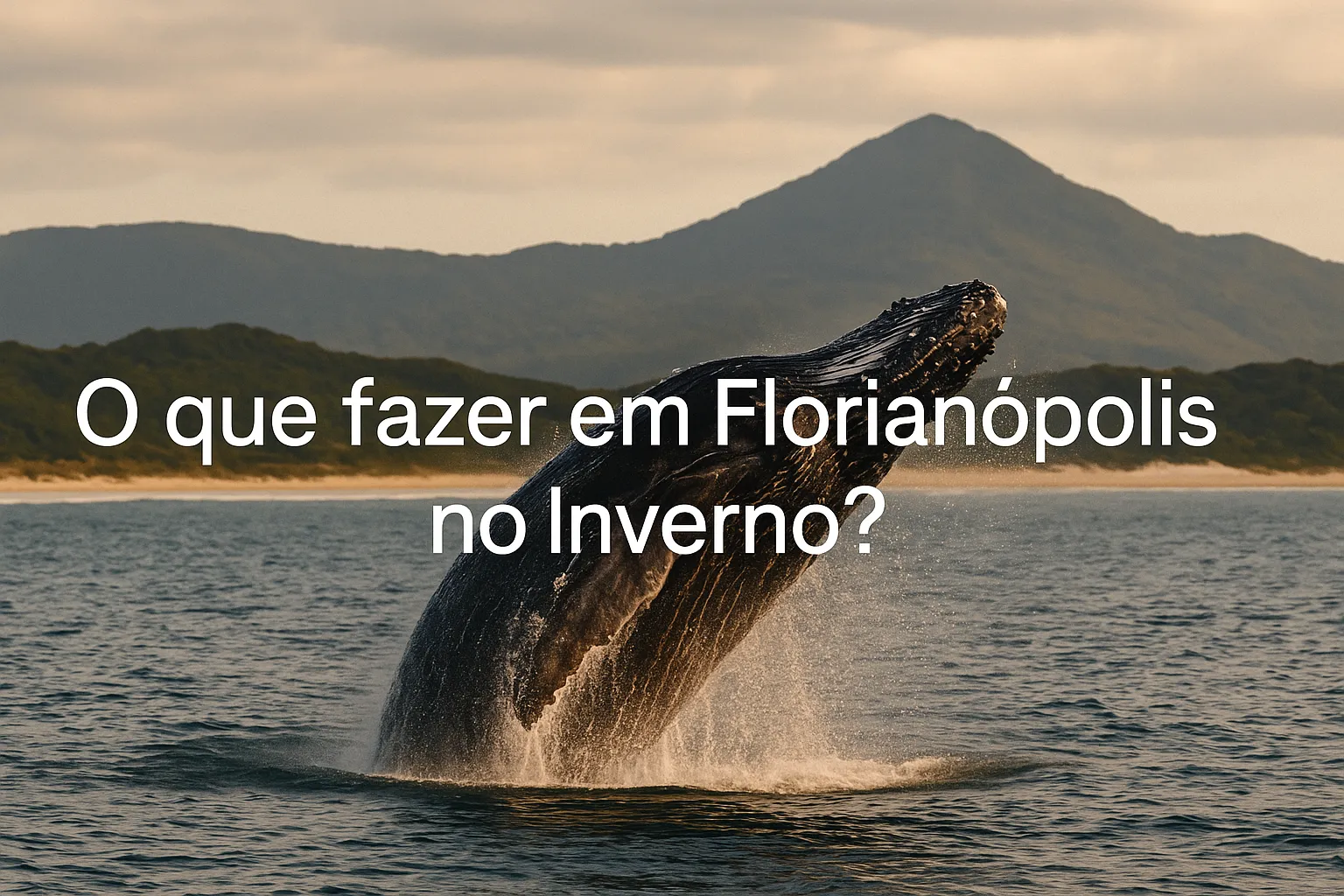 Baleia saltando sobre as águas com montanhas ao fundo em um dia claro.