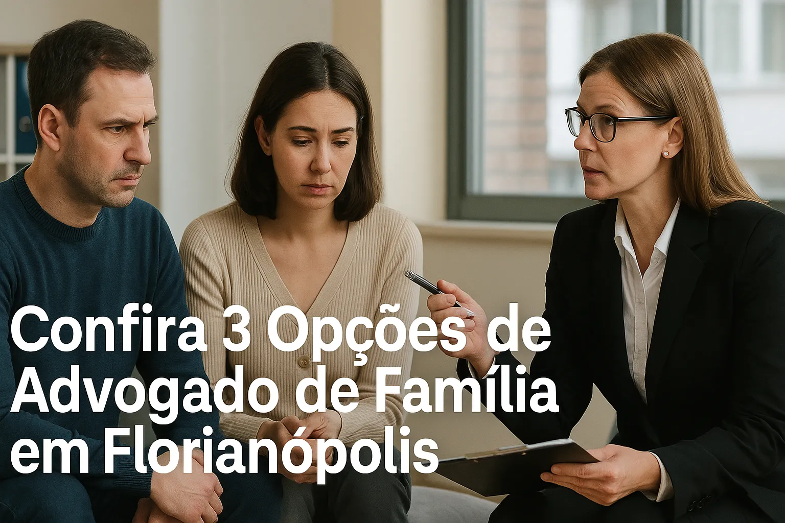 Casal preocupado escutando advogada em escritório, com documentos e tablet sobre a mesa.