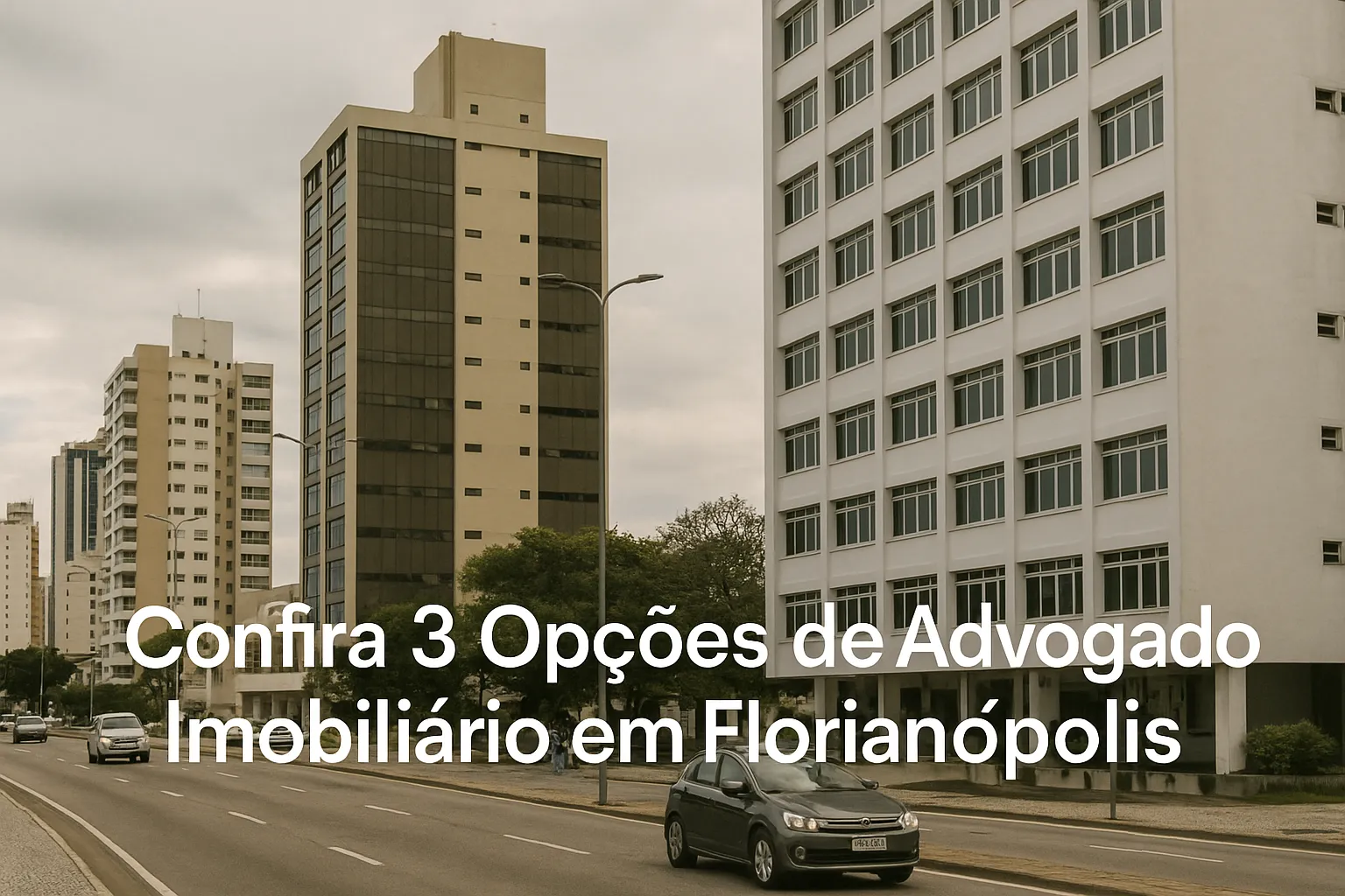 Edifícios altos ao longo de uma avenida em Florianópolis, céu nublado ao fundo.
