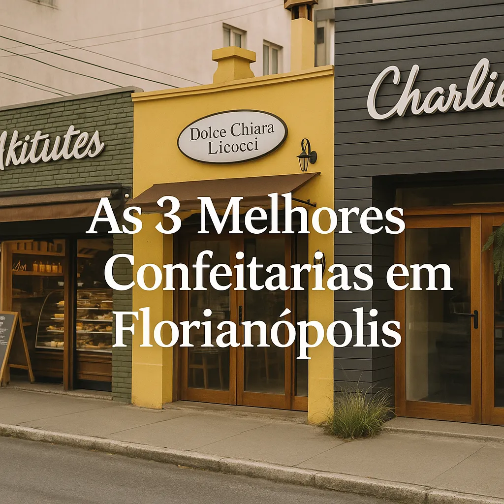 Fachadas de confeitarias em Florianópolis, com letreiros em destaque e ambiente acolhedor.