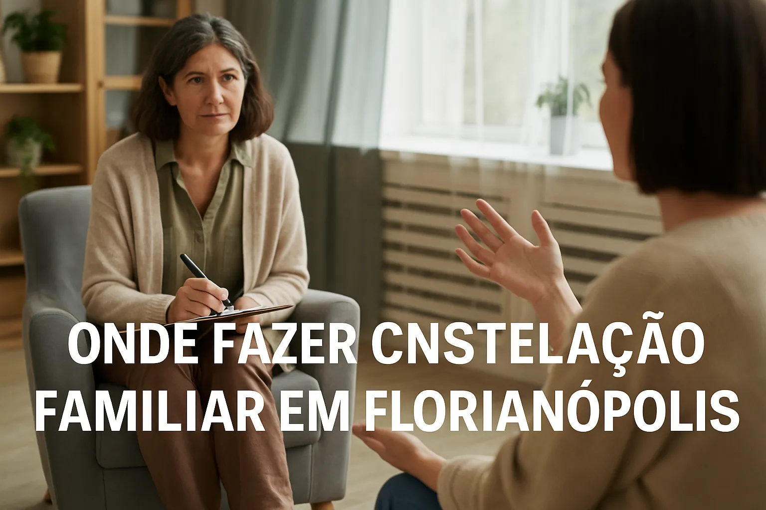 Mulher sentada em sofá, conversando com terapeuta em ambiente acolhedor, com anotações em mãos.