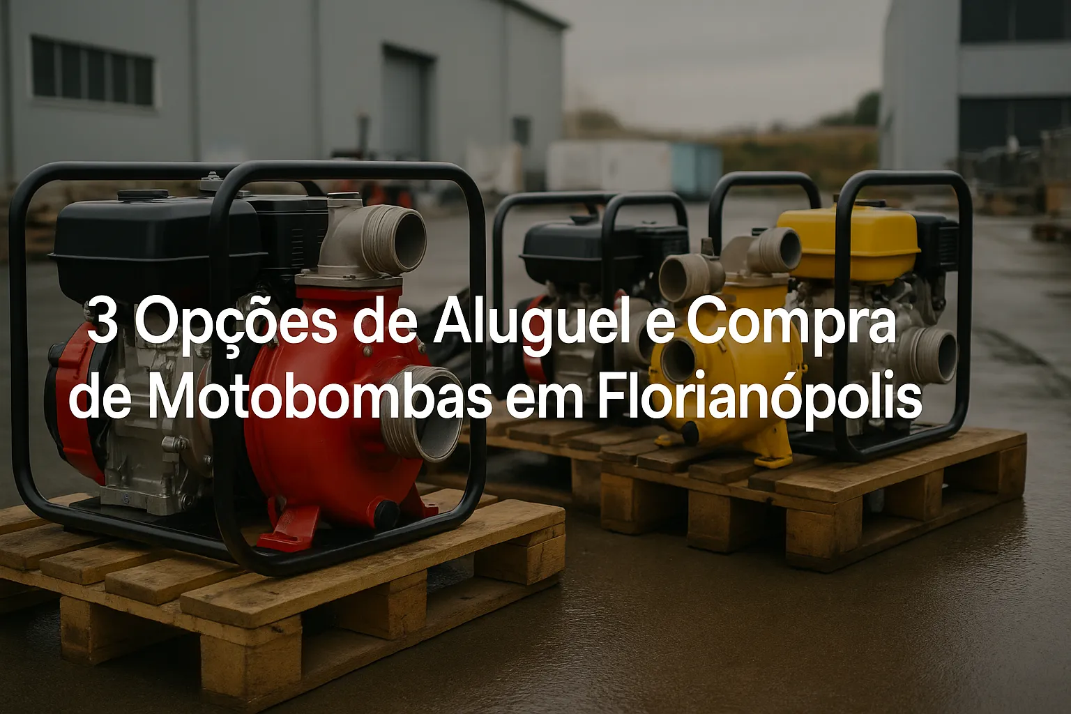 Motobombas em paletes de madeira, com cores vermelha, amarela e preta, em ambiente industrial.