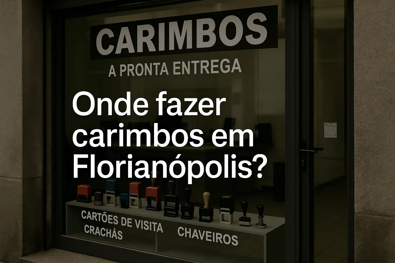 Letreiro em vitrine com a frase Onde fazer carimbos em Florianópolis? e carimbos expostos.