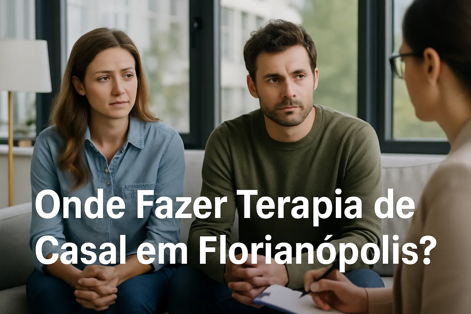 Casal sentado em sofá, expressões sérias, discutindo terapia, ambiente acolhedor e moderno.