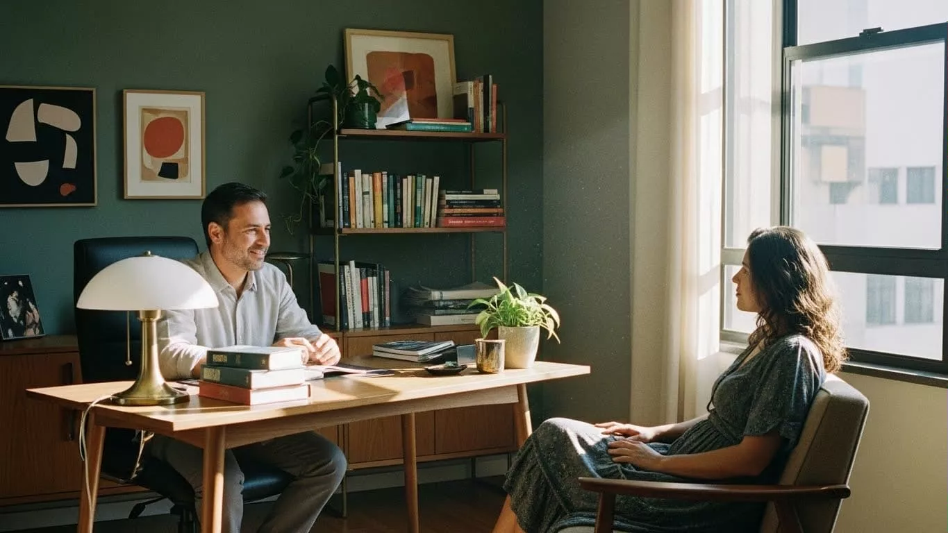 Homem sorrindo em mesa de escritório conversando com mulher sentada, ambiente iluminado e decorado com plantas.