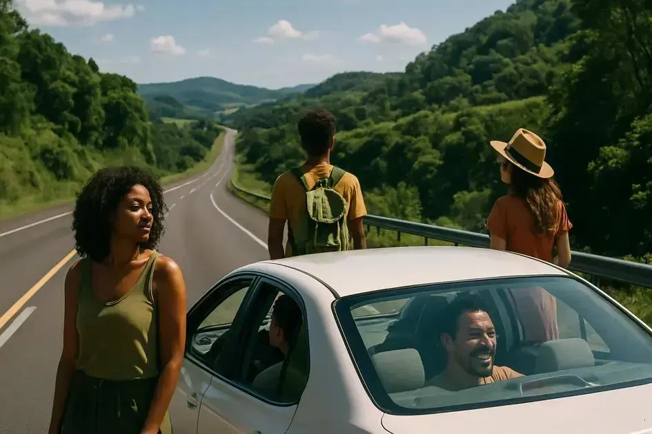 Grupo de amigos parados ao lado de um carro em estrada, com paisagem verde ao fundo e céu claro.
