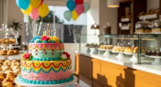 Bolo de aniversário colorido com velas e flores, decorado em confeitaria com doces e balões ao fundo.