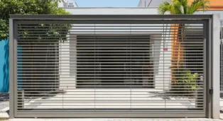 Portão de enrolar automático em estrutura moderna, com lâminas horizontais e vegetação ao redor.