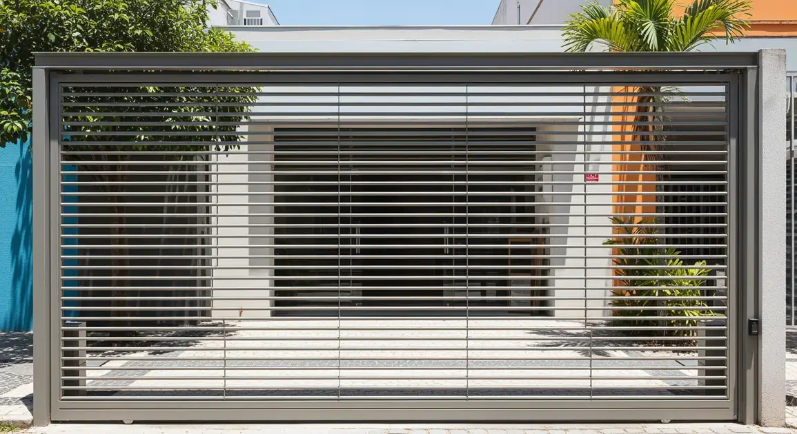 Portão de enrolar automático em estrutura moderna, com lâminas horizontais e vegetação ao redor.