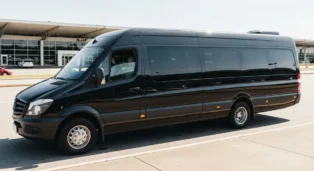 Van preta estacionada em frente ao terminal do aeroporto, com janelas grandes e rodas prateadas.