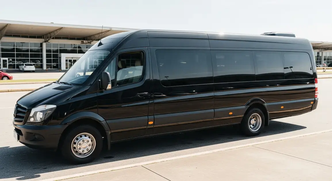 Van preta estacionada em frente ao terminal do aeroporto, com janelas grandes e rodas prateadas.