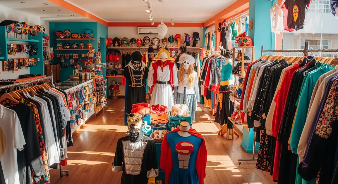 Loja colorida com fantasias e roupas penduradas, máscaras e acessórios expostos nas prateleiras.