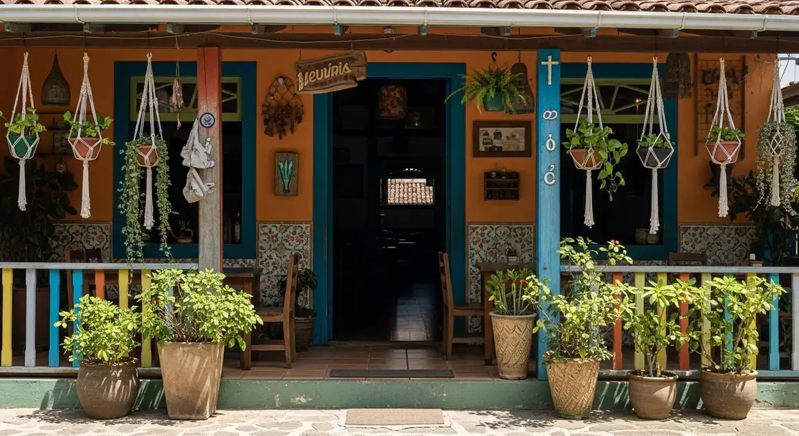 Fachada colorida de restaurante com plantas em vasos e decoração nordestina.