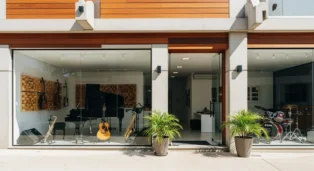 Fachada de escola de música com instrumentos como guitarra, piano e bateria expostos em vitrines.