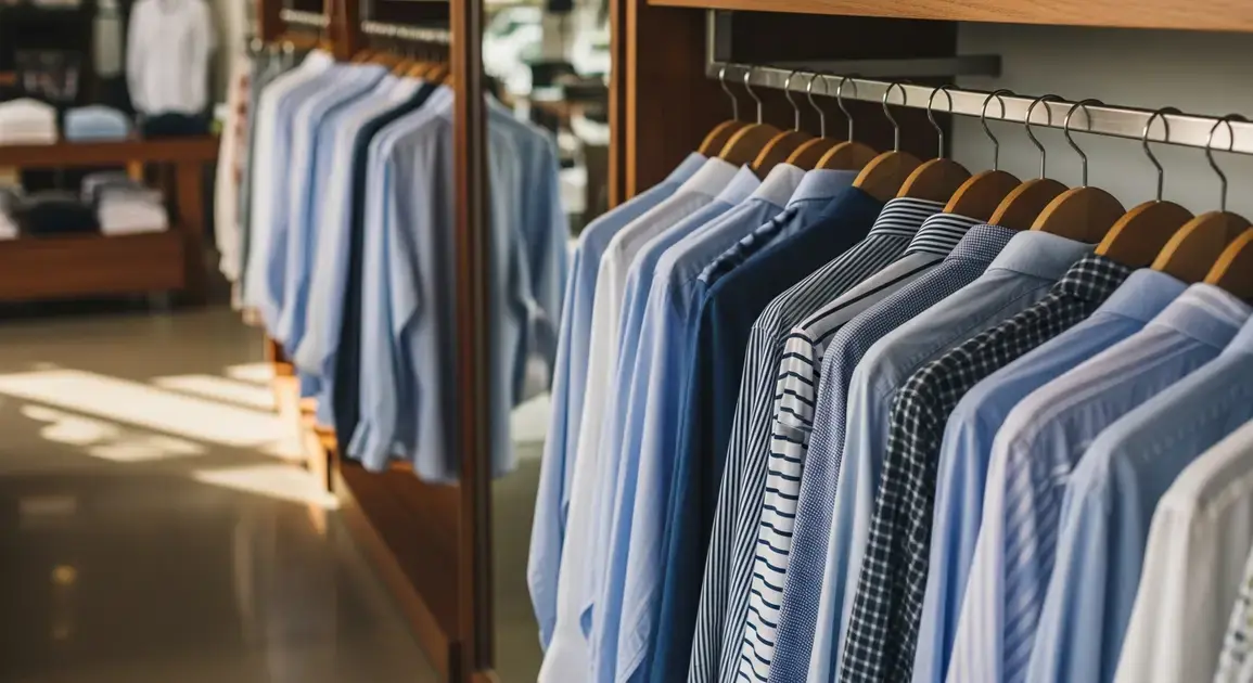 Camisas em diferentes tons de azul penduradas em cabides em uma loja de roupas bem iluminada.