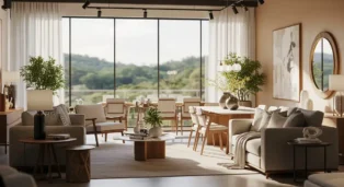 Sala de estar moderna com sofás claros, mesa de madeira e grandes janelas com vista para a natureza.
