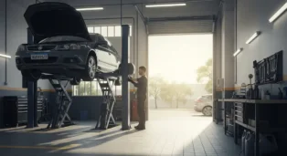 Carro cinza em elevação em oficina mecânica, mecânico ajustando equipamento ao fundo.