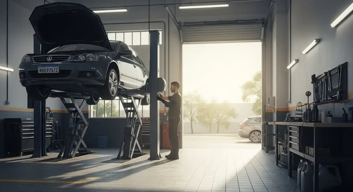 Carro cinza em elevação em oficina mecânica, mecânico ajustando equipamento ao fundo.
