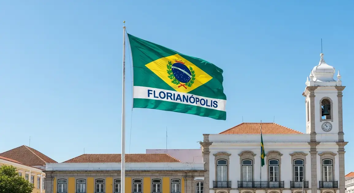 Bandeira de Florianópolis com fundo verde e amarelo, brasão central e nome da cidade em letras brancas.