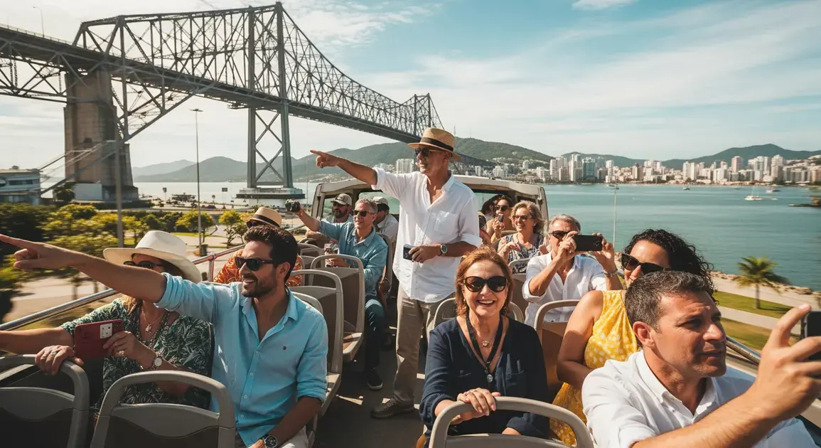 Grupo de turistas em ônibus de city tour, admirando a vista da ponte e da cidade de Florianópolis.